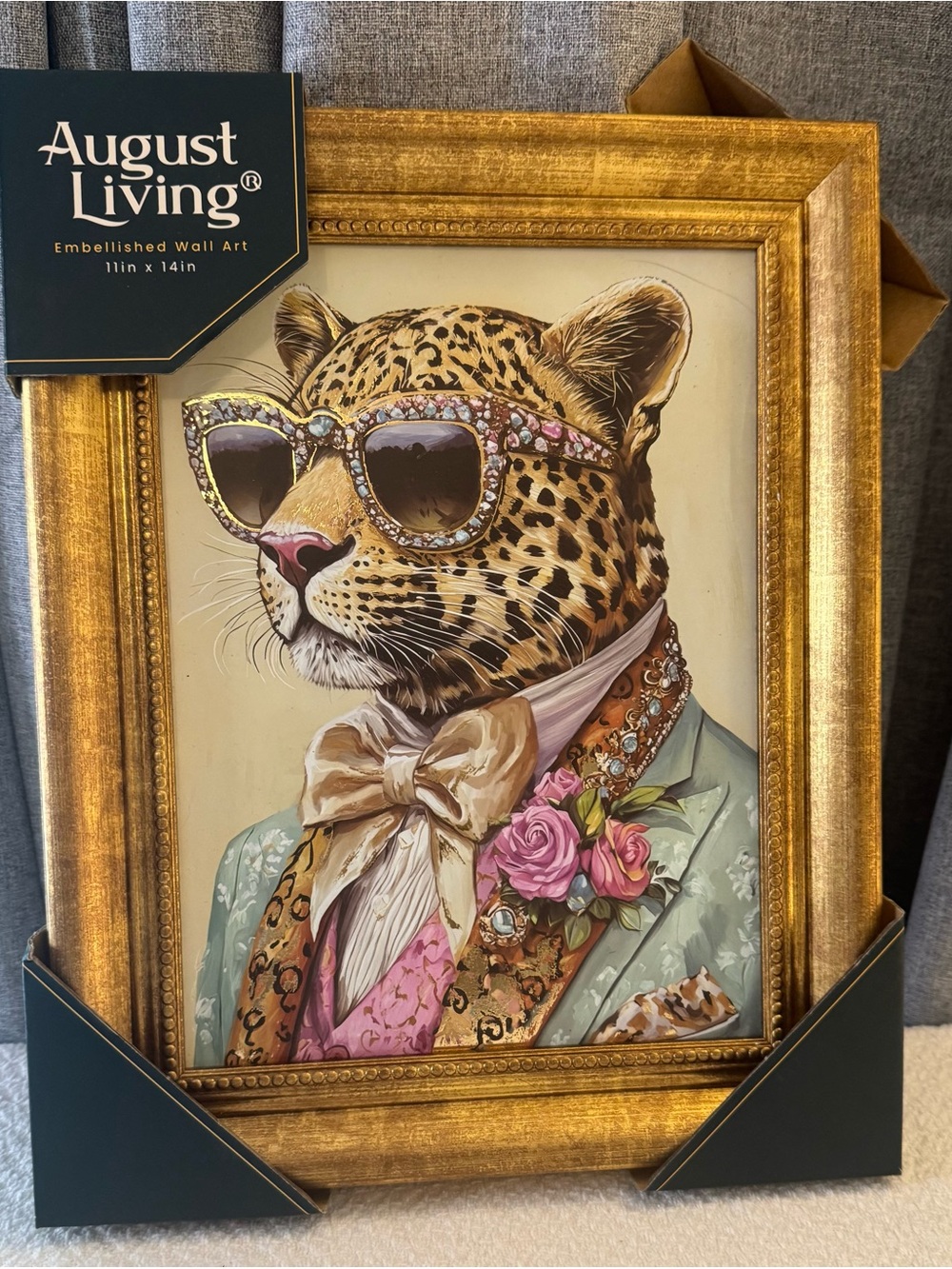 August Living Embellished Leopard Wall Art - Gold Frame, Pink & Green Accents